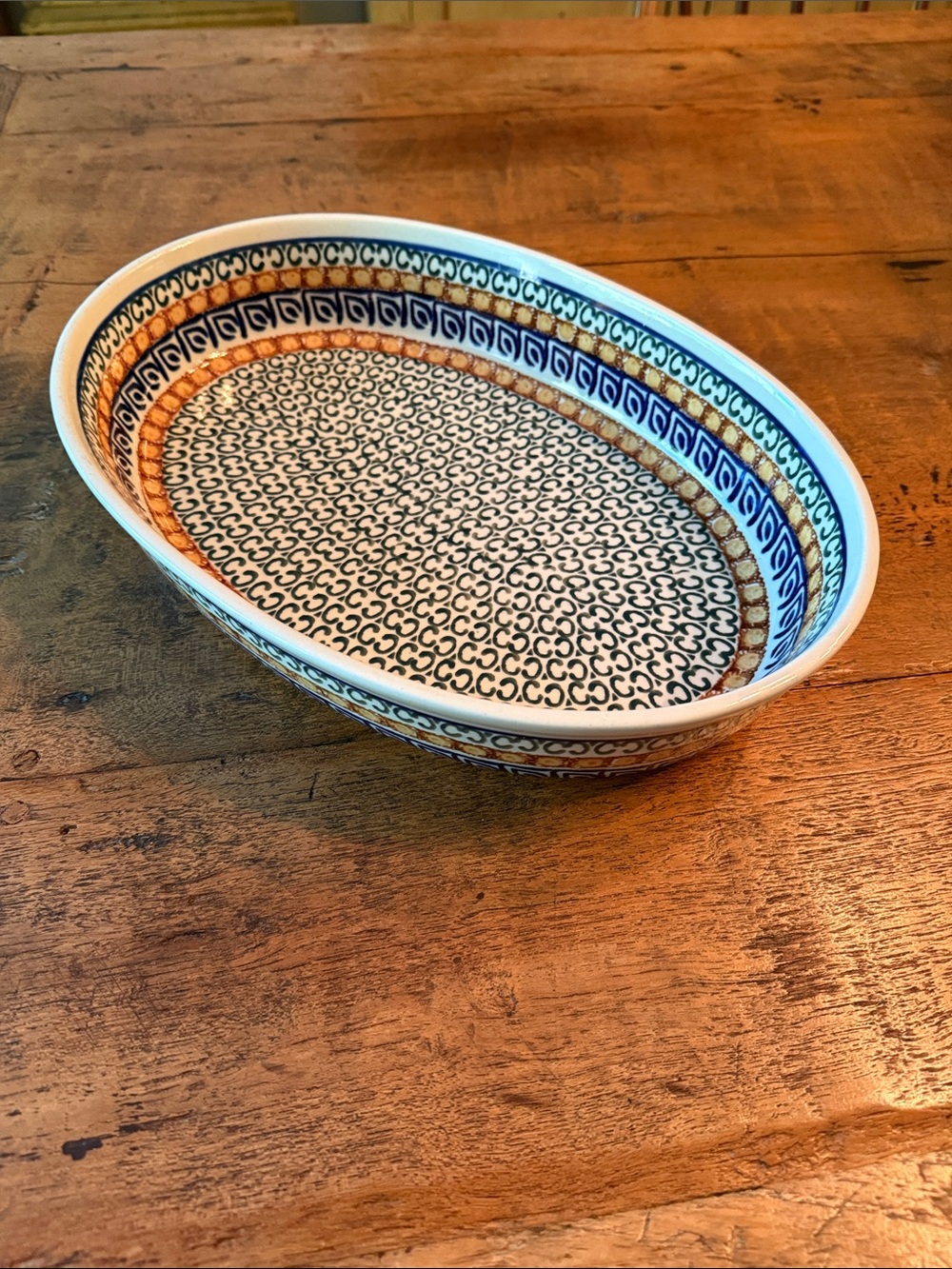 Polish Pottery Oval Baker with Blue Leaves Pattern